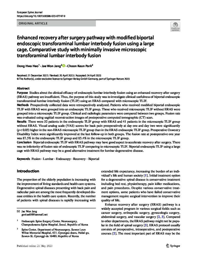 thumbnail of Enhanced Recovery After Surgery Pathway with Modified Biportal Endoscopic Transforaminal Lumbar Interbody Fusion Using a Large Cage. Comparative Study with Minimally Invasive Microscopic Transforaminal Lumbar Interbody Fusion