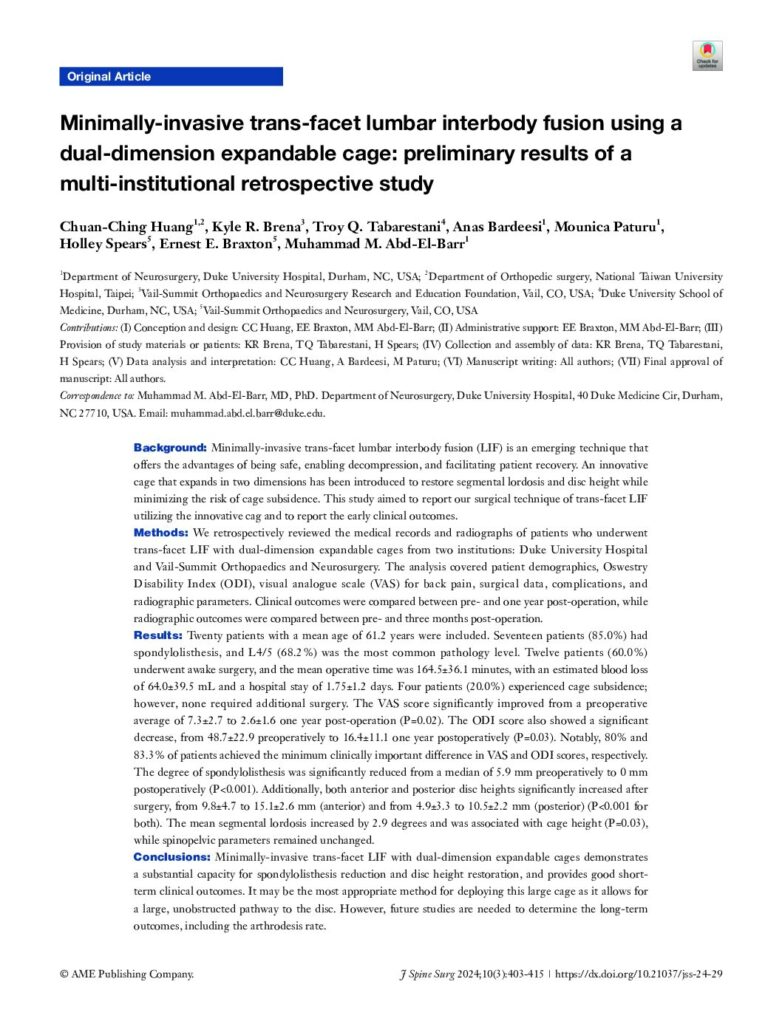 thumbnail of Minimally-Invasive Trans-Facet Lumbar Interbody Fusion Using A Dual-Dimension Expandable Cage: Preliminary Results Of A Multi-Institutional Retrospective Study